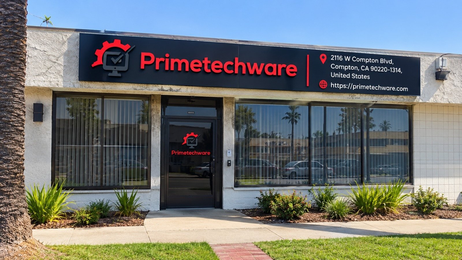 Primetechware office building on W Compton Blvd in Compton, California, with the company sign above the entrance